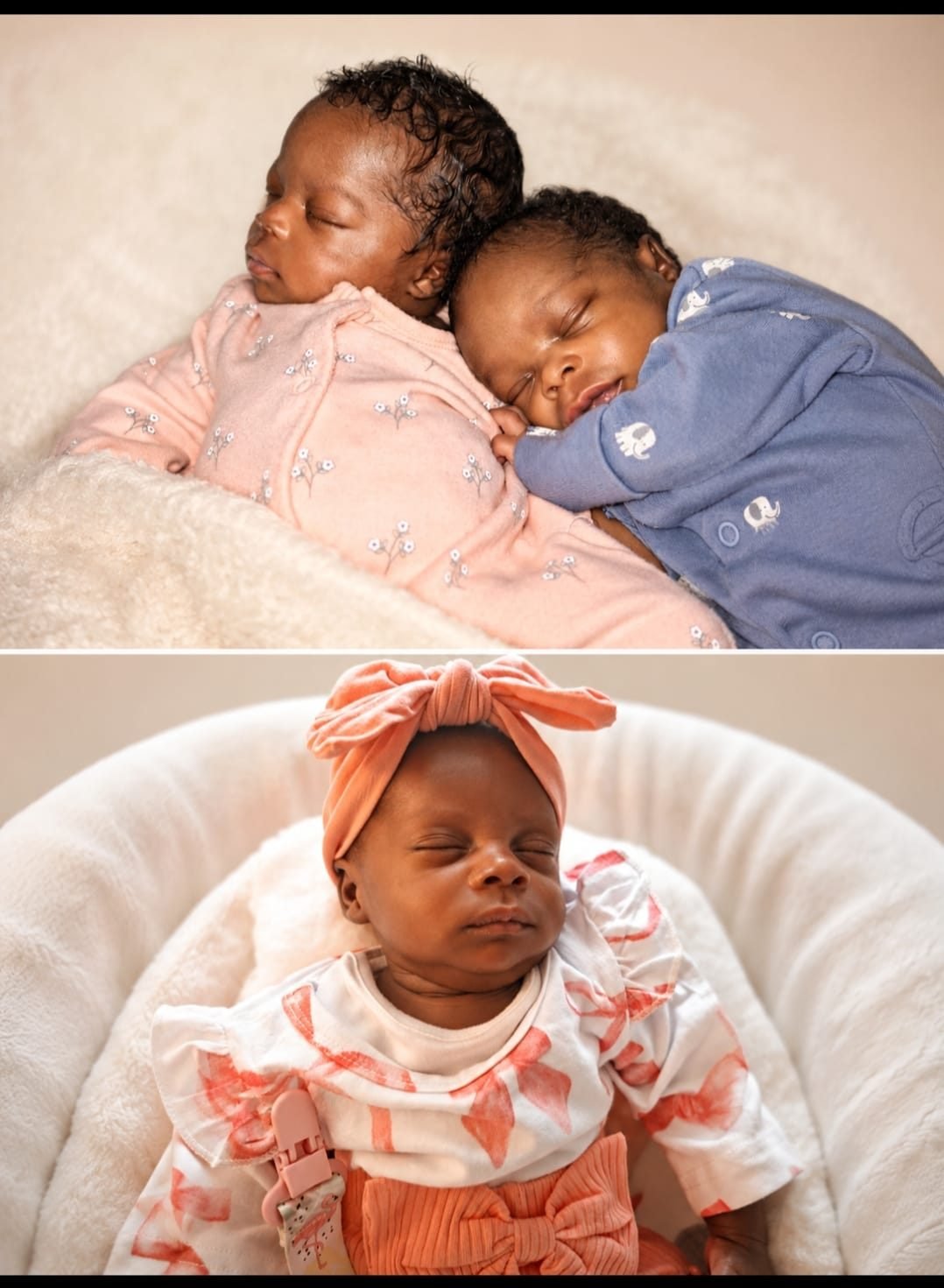 The triplets sleeping together in matching outfits